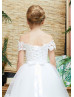 Off Shoulder Ivory Lace Tulle Corset Back Flower Girl Dress Off Shoulder Ivory Lace Tulle Corset Back Flower Girl Dress